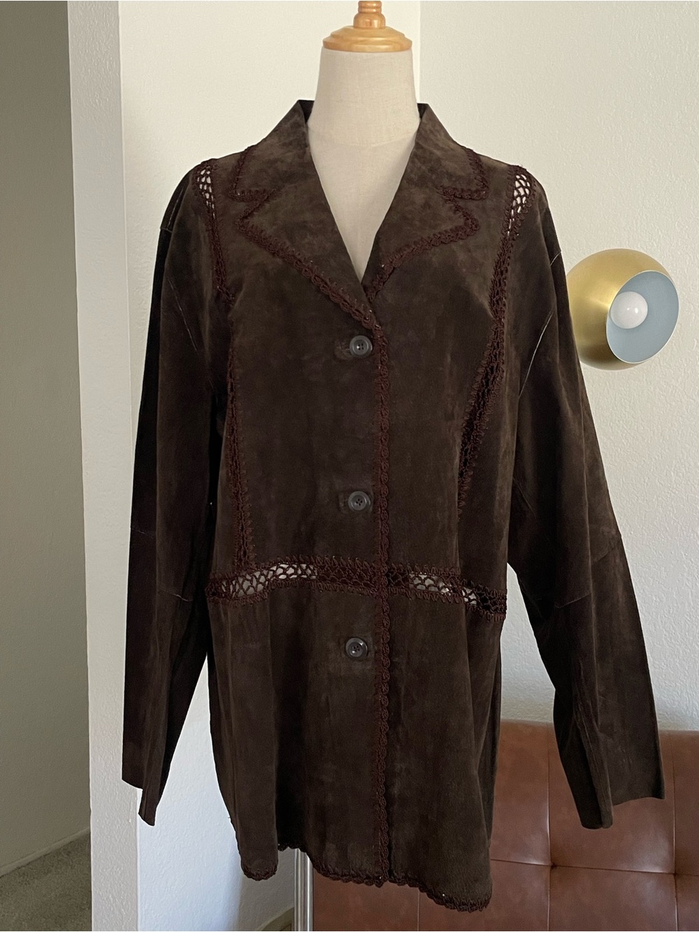 Y2K Deadstock White Stag Boho Western Academia Suede Macrame Trim Jacket